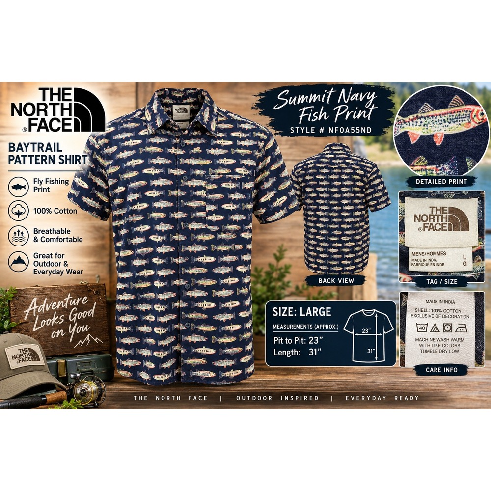 The North Face Baytrail Pattern Shirt Mens Large Summit Navy Fish Print NF0A55ND